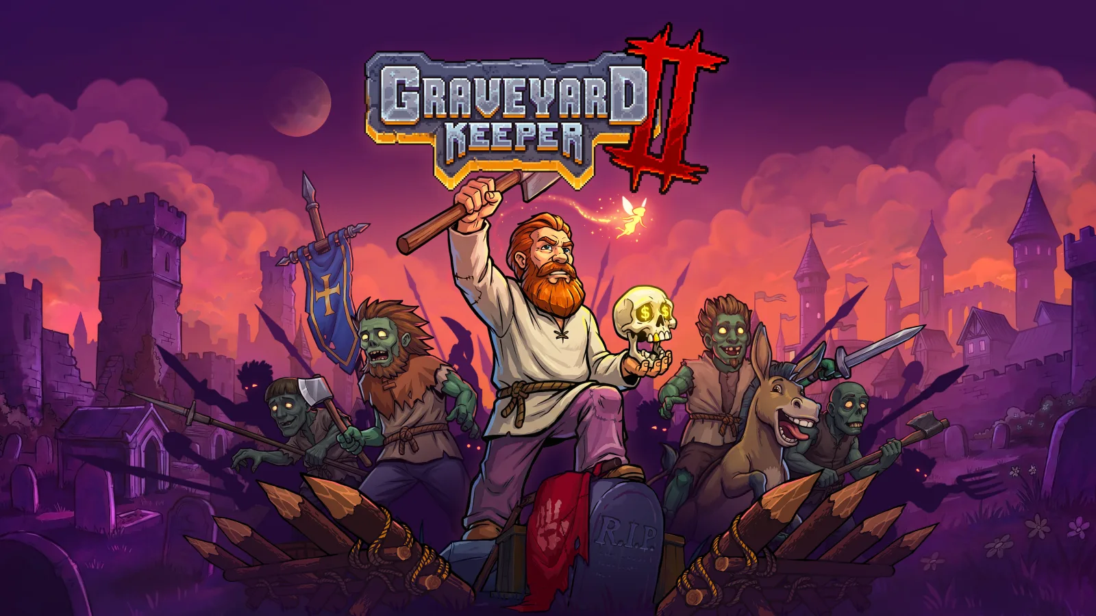 Graveyard Keeper 2 key art showing the keeper leading an undead army outside a medieval town